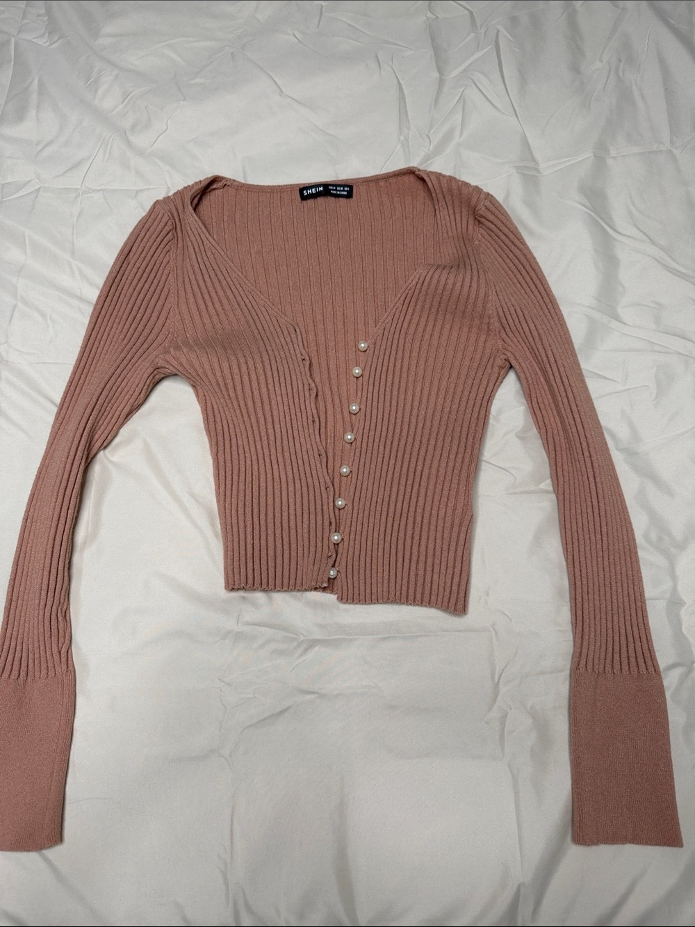 SHEIN Ribbed V-Neck Pearl-Button Cardigan - Dusty Rose